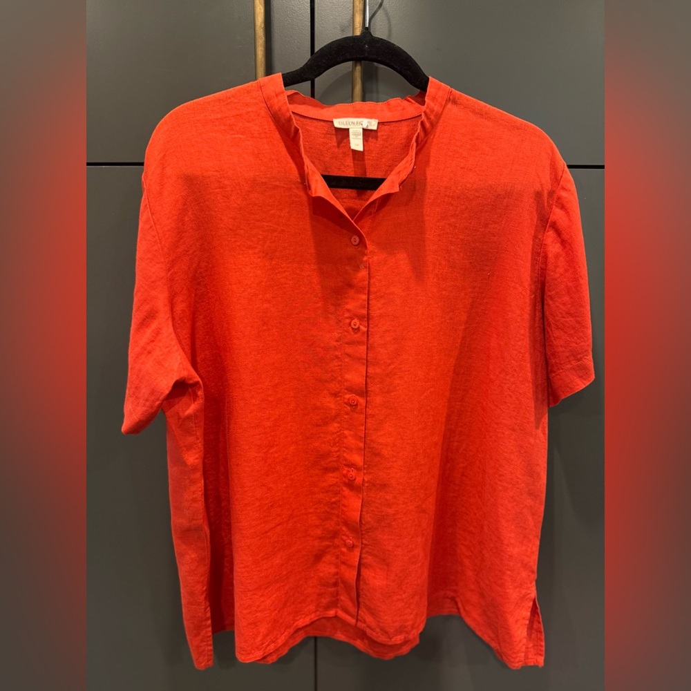 Eileen Fisher Organic Handkerchief Linen Band Collar Shirt Red Women’s L - Picture 4 of 7